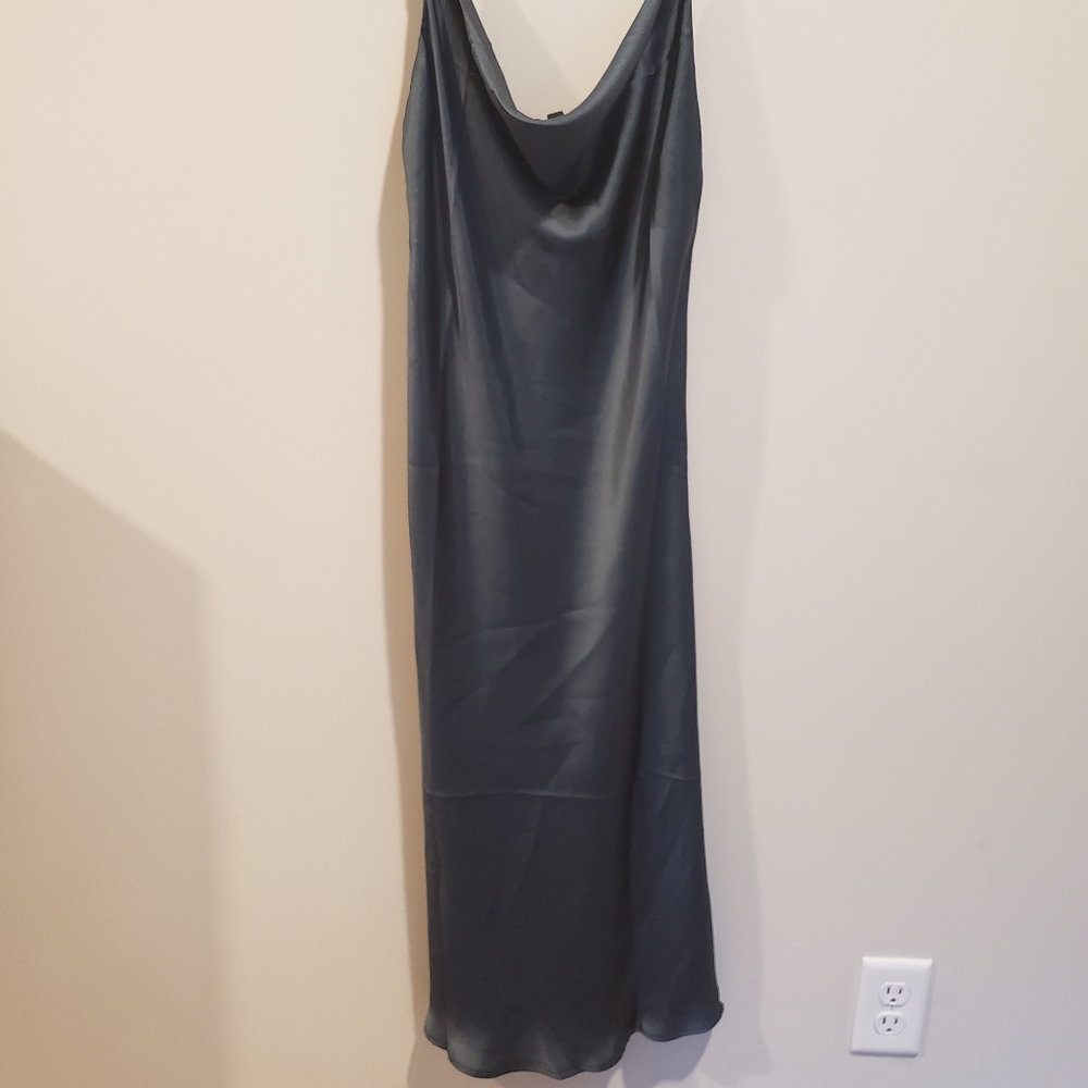 Slate blue cowl neck satin slip dress